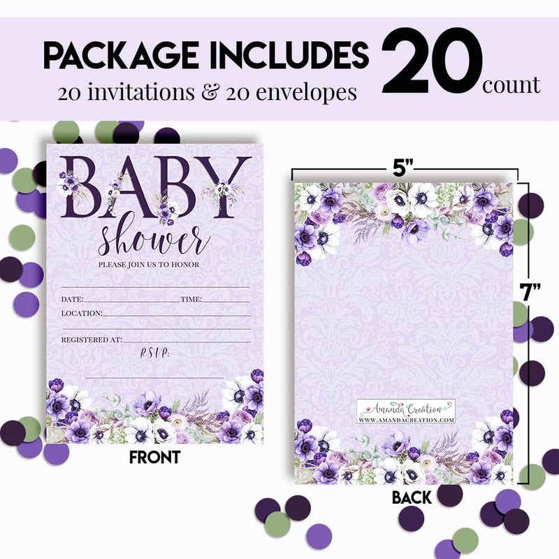 Amanda Creation Watercolor Violets Floral Baby Sprinkle Baby Shower Invitations, 20 5x7 Fill In Cards with Twenty White Envelopes by AmandaCreation - Image 4